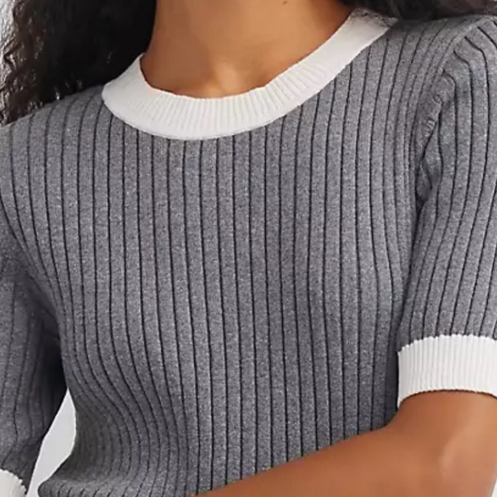 LOFT Tipped Ribbed Pocket Sweater Tee size medium in charcoal Heather MSRP $60 - Picture 2 of 2